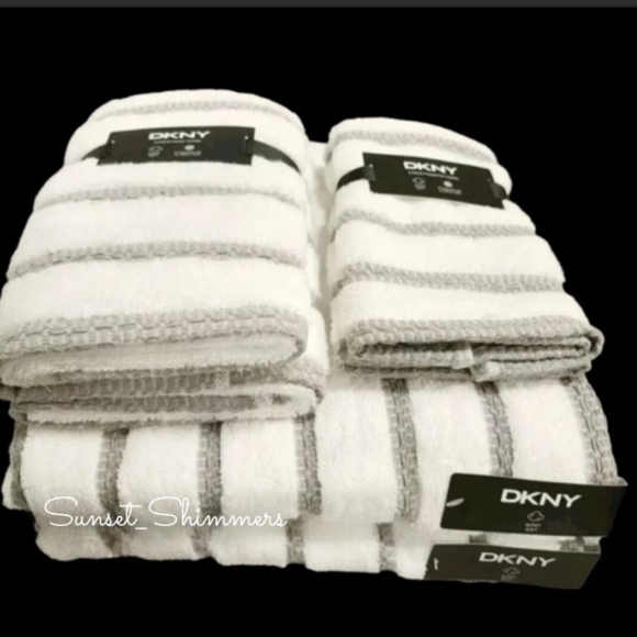 DKNY 6Pc 2 Bath 2 Hand 2 Tip Gray & White Striped 100% Cotton Towel Set New - Picture 6 of 6